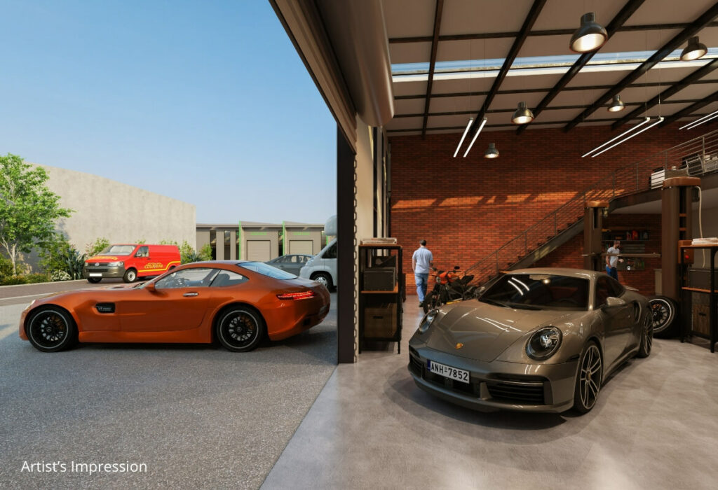 Commercial building with car mechanic workshop. The Cube on Queen Street, Richmond.